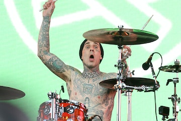 INDIO, CALIFORNIA - APRIL 14: Travis Barker of Blink-182 performs at the Sahara Tent during the 2023...