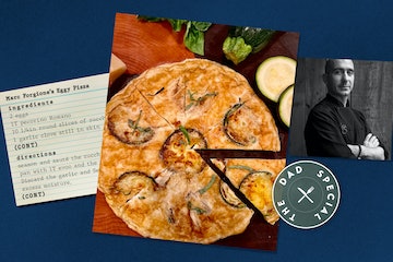 A collage of a Marc Forgione portrait, a pizza, a recipe, and 'The Dad Special' logo