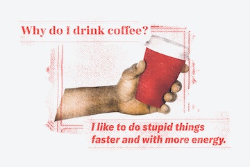 A hand holding a red Styrofoam cup captioned with a joke about coffee.