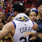 Stephen Curry rushes over to his wife Ayesha and mother Sonya Curry after the Golden State Warriors ...
