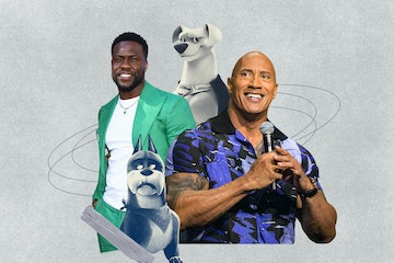 Kevin Hart and The Rock are next to their characters from DCs Super Pets movie.