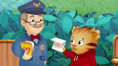 Mr. McFeely gives Daniel Tiger a package.