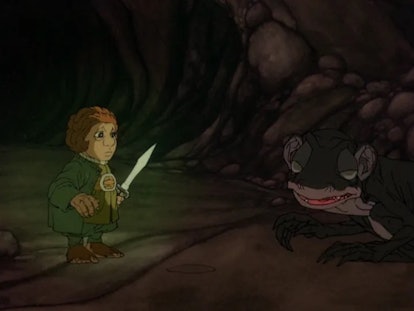 Bilbo (Orson Bean) and Gollum (Theodore Isidore Gottlieb) in 'The Hobbit.'