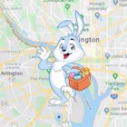the easter bunny tracker is depicted by a bunny holding a basket of easter eggs, set against a googl...
