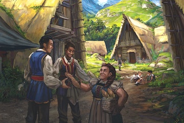 D&D art for Phandelver and Below, people in a village.