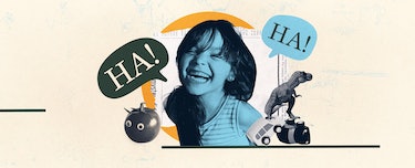 photo collage of a laughing girl surrounded by funny joke images, including a tomato with googly eye...