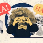 A photo collage of a child dressed as Einstein looking through a pair of binoculars, with a math rid...