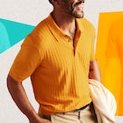 Man standing in a Great Knit Banana Republic Silk-Linen Sweater Polo shirt.