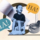 Photo collage of toddler and a toilet surrounded by symbols of poop jokes and puns.